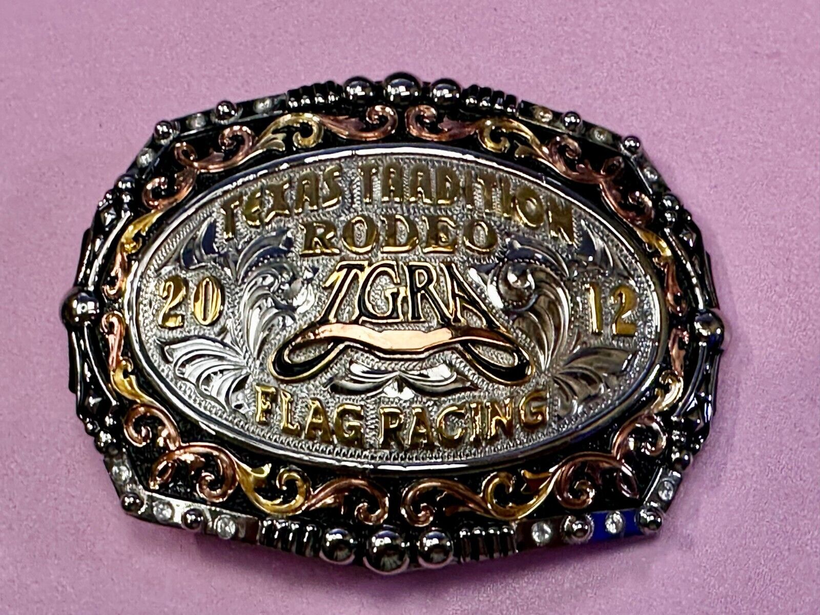 TGRA Texas Tradition Rodeo Flag Racing 2012 Trophy Award Belt Buckle Lone Star