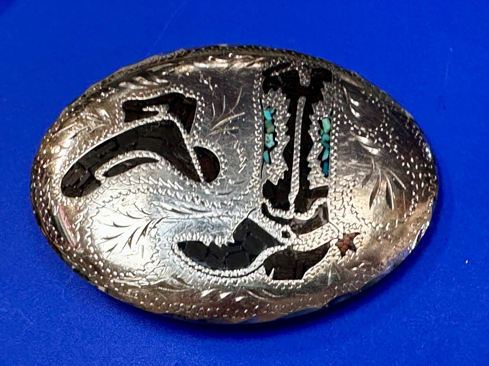 Turquoise & Coral Inlay Western Cowboy Hat Boots Large Native? Art Belt Buckle