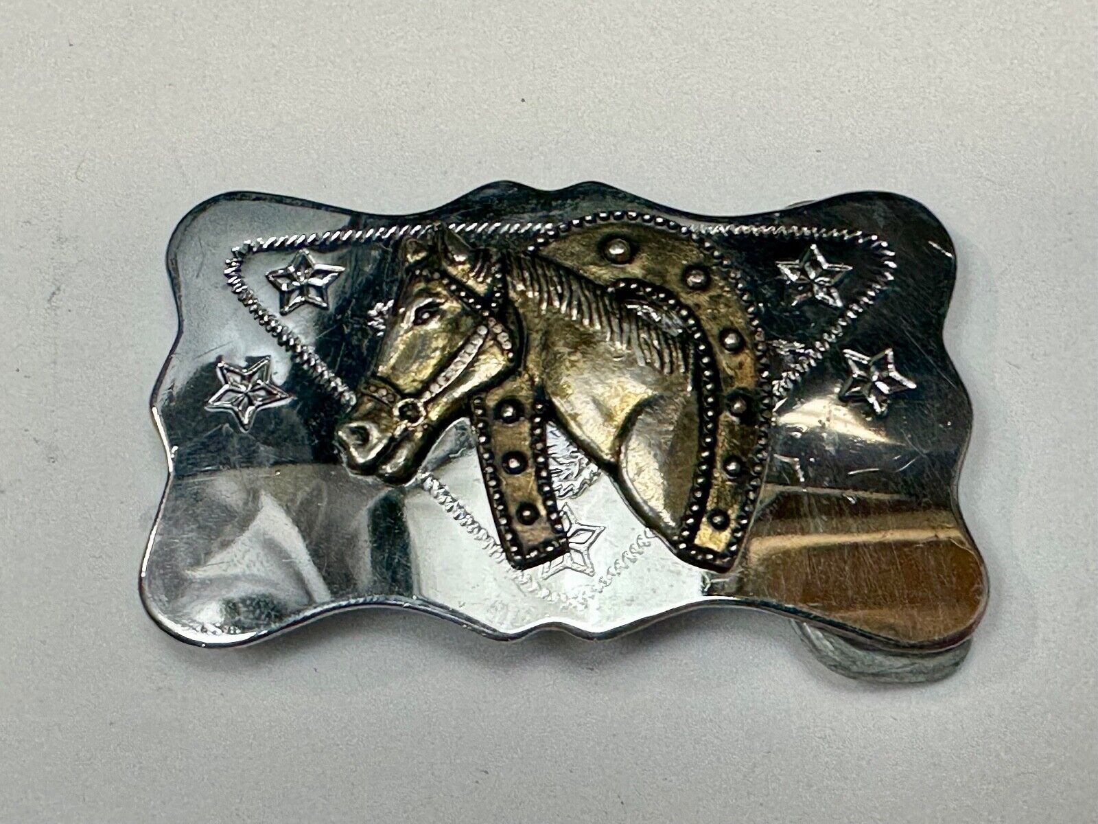 Vintage Horse head through horseshoe on reflective two tone belt buckle