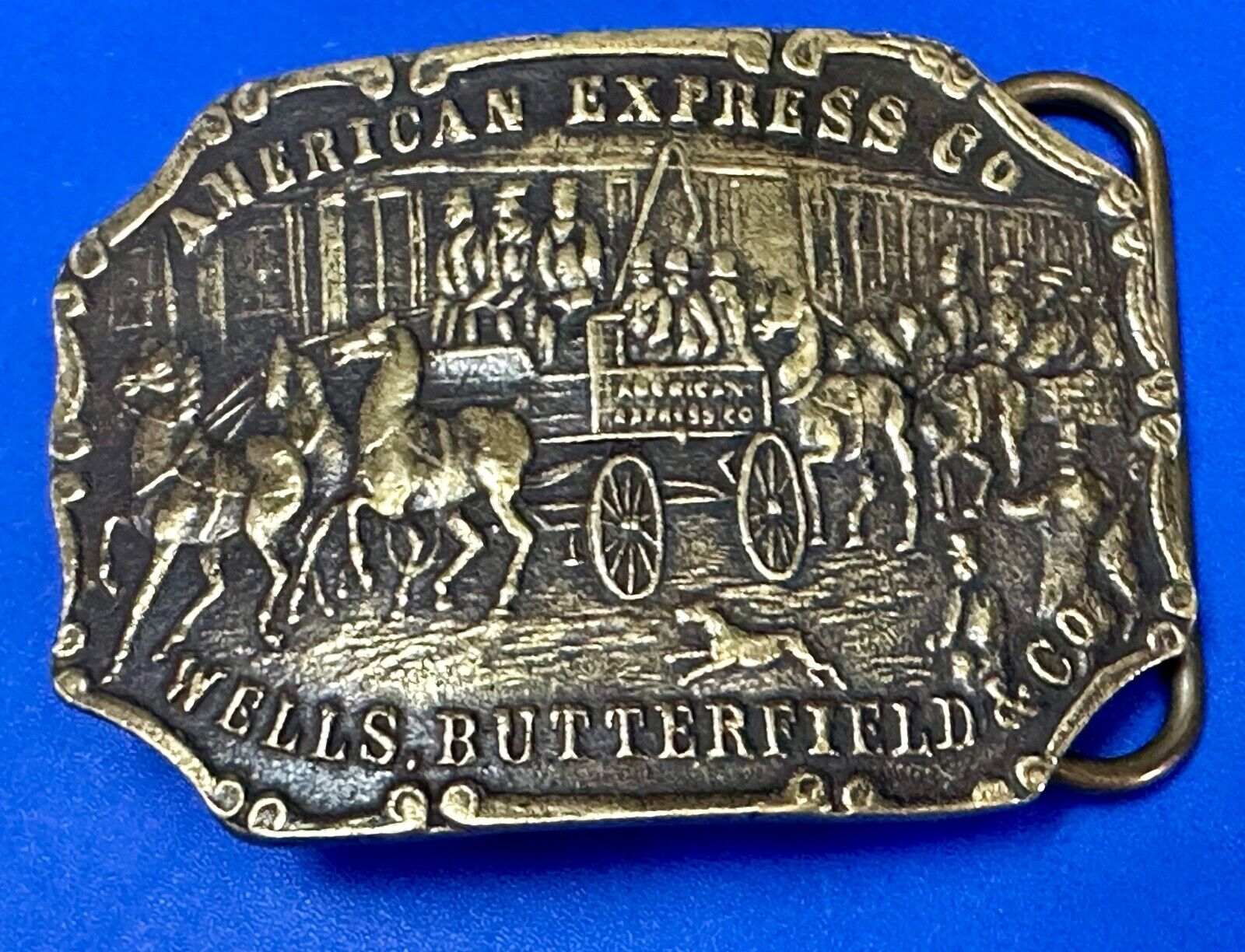 American Express Wells Butterfield stagecoach belt buckle - see back!