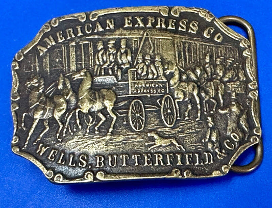American Express Wells Butterfield stagecoach belt buckle - see back!