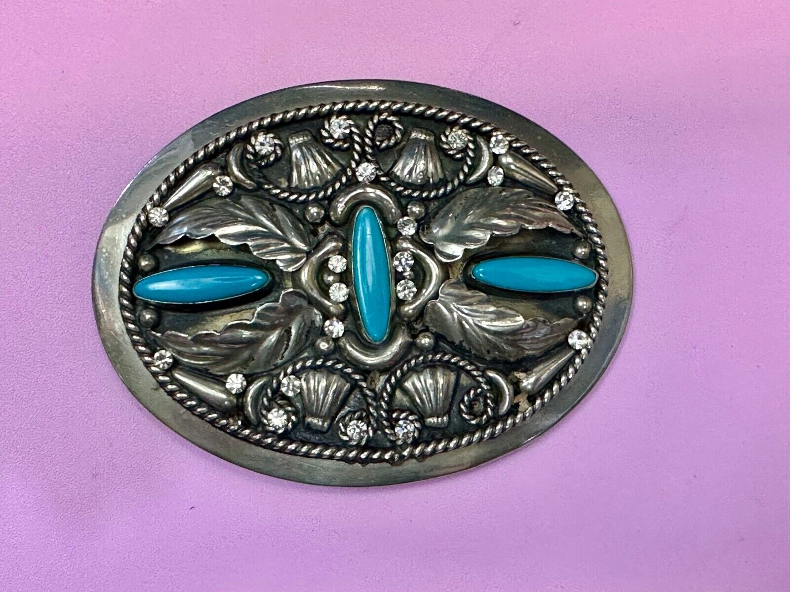 Vintage Faux Turquoise and Feather's Beautiful Alpaca Mexico Stamped Belt Buckle