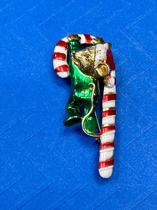 AJC signed MOUSE on Candy Cane Holliday Pin /  Brooch