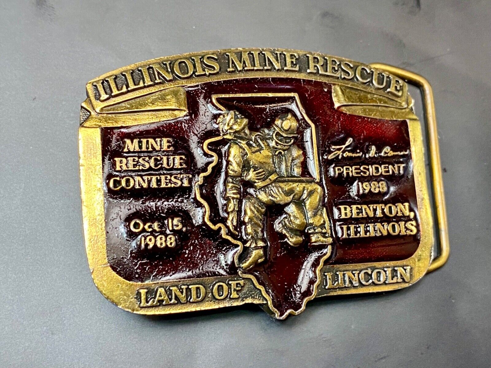 Vintage Illinois Mine Rescue, The land of Lincoln belt buckle  Stonebridge Press