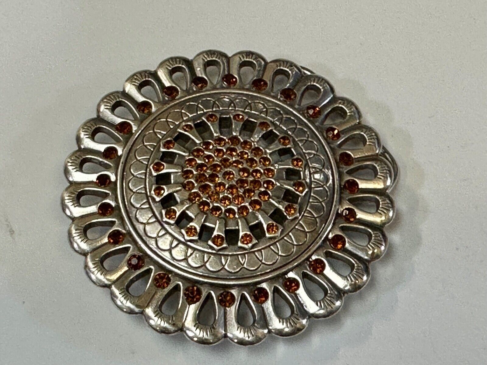Vintage Flower shaped silver tone red rhinestone accented belt buckle