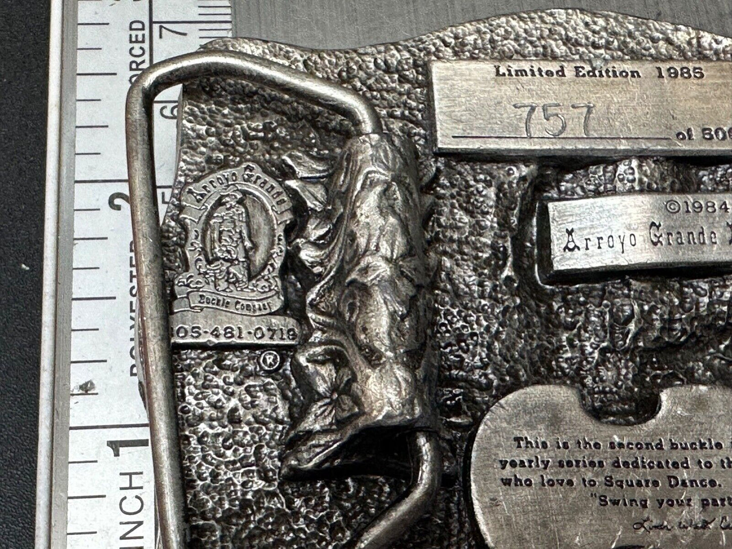Vintage 1985 Square Dancing Commemorative belt buckle by Arroyo Grande