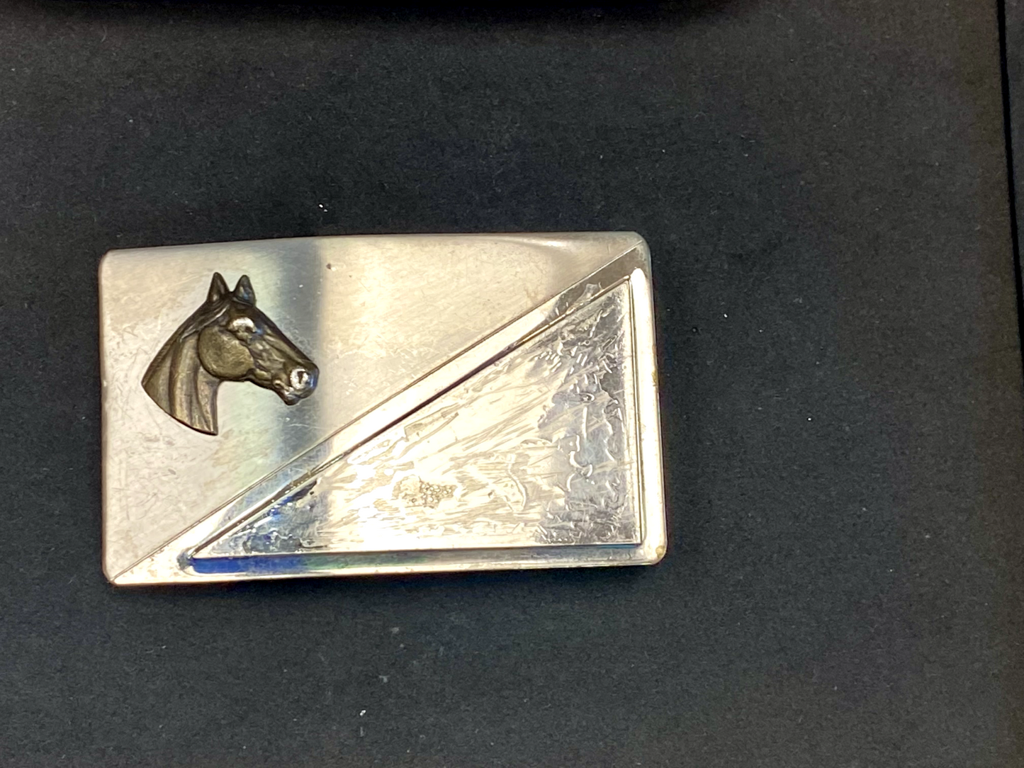 Vintage Horse Head On Nickel Silver Rectangular Belt Buckle
