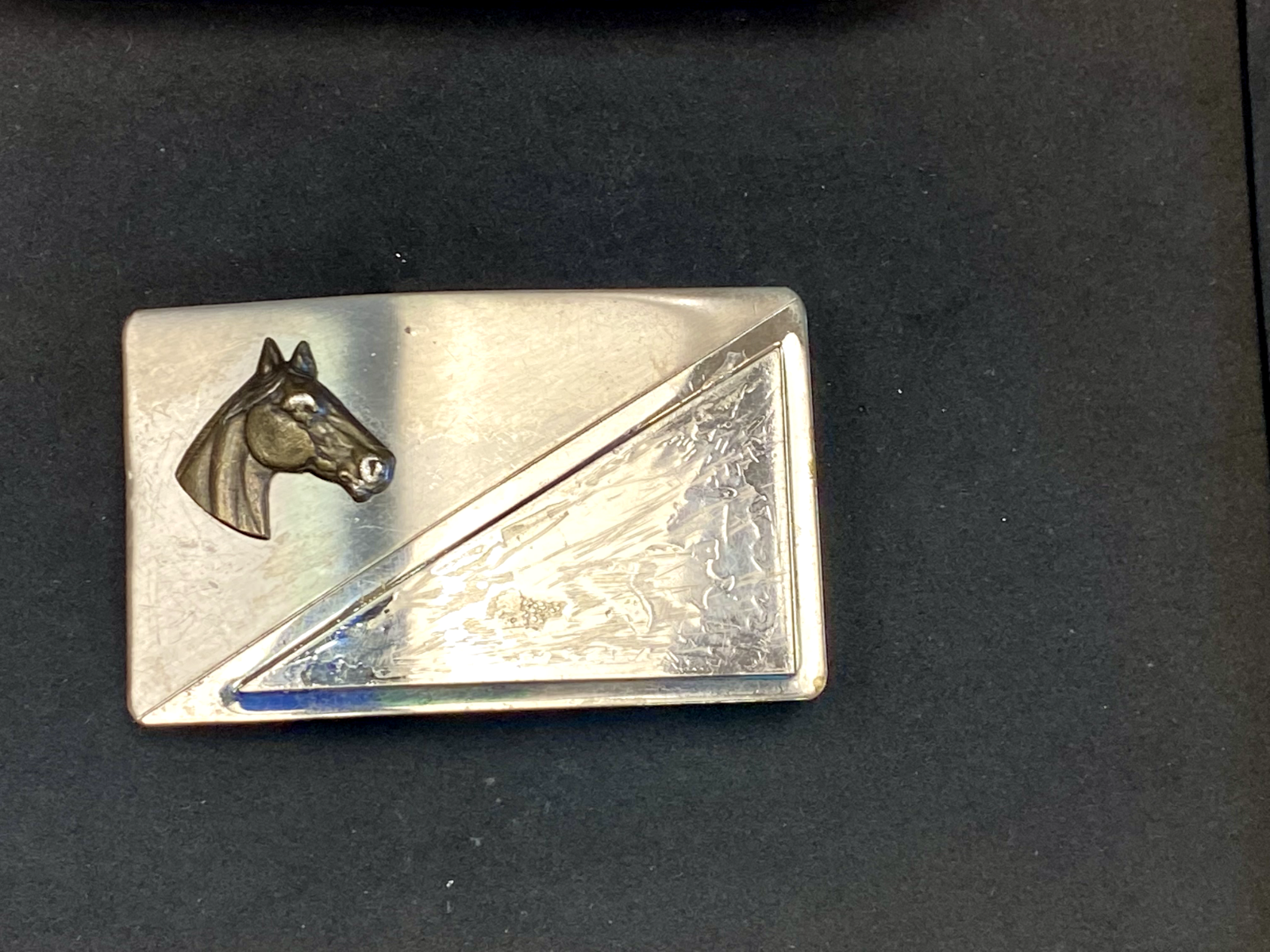 Vintage Horse Head On Nickel Silver Rectangular Belt Buckle