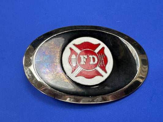 Vintage Fire Firefighter FD Hydrant Axe Ladder Black & Red Oval belt buckle