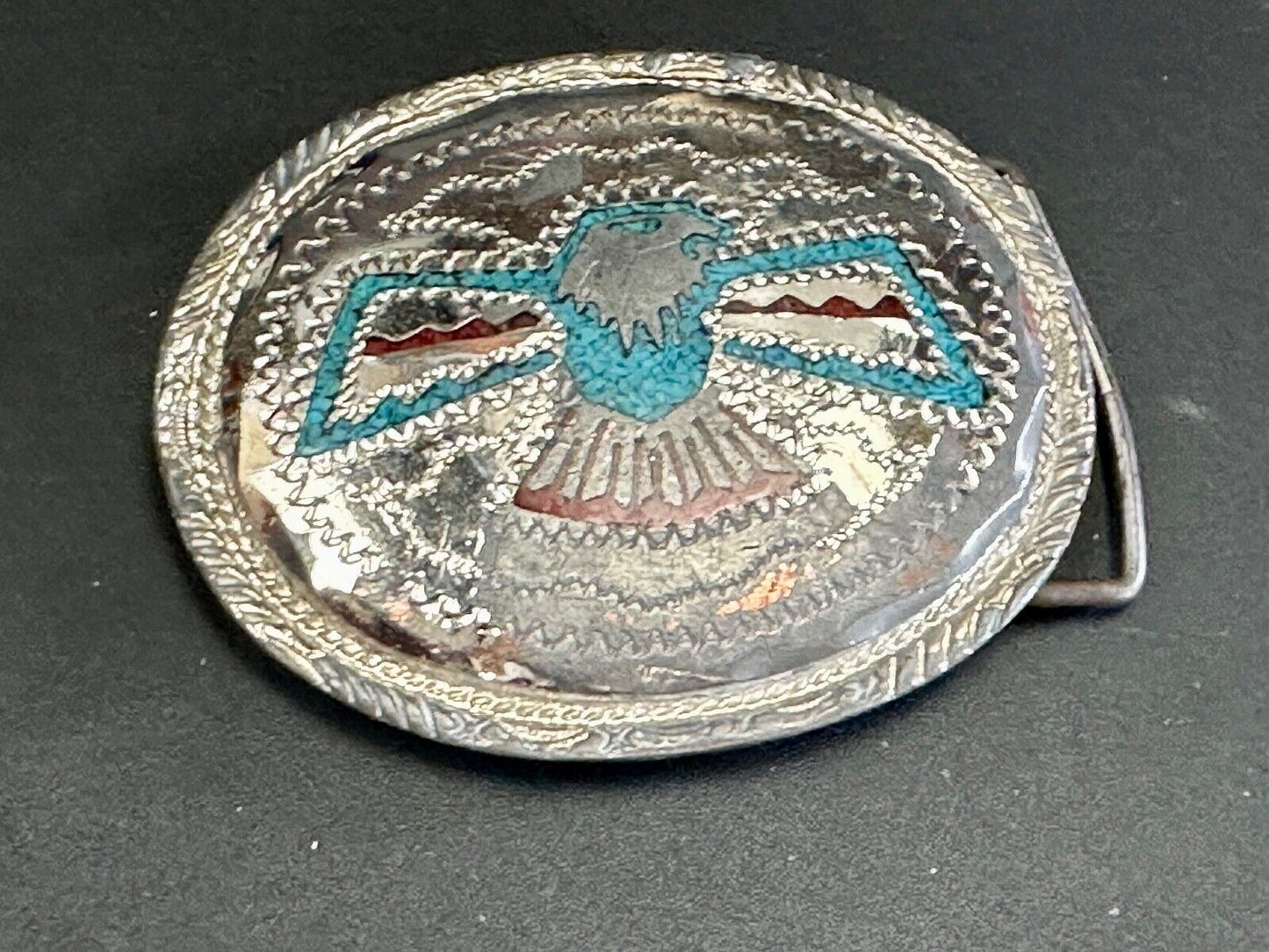 THUNDERBIRD Inlaid turquoise & Coral belt buckle - see hallmark ---   to restore
