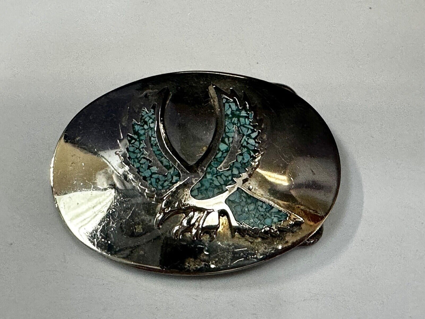 Turquoise Chip inlaid Flying Hunting Diving Patriotic American Eagle Belt Buckle