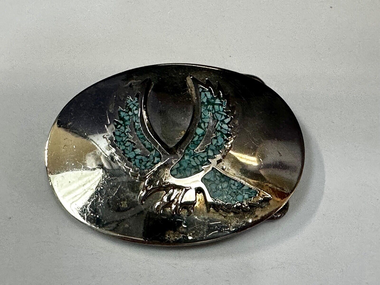 Turquoise Chip inlaid Flying Hunting Diving Patriotic American Eagle Belt Buckle
