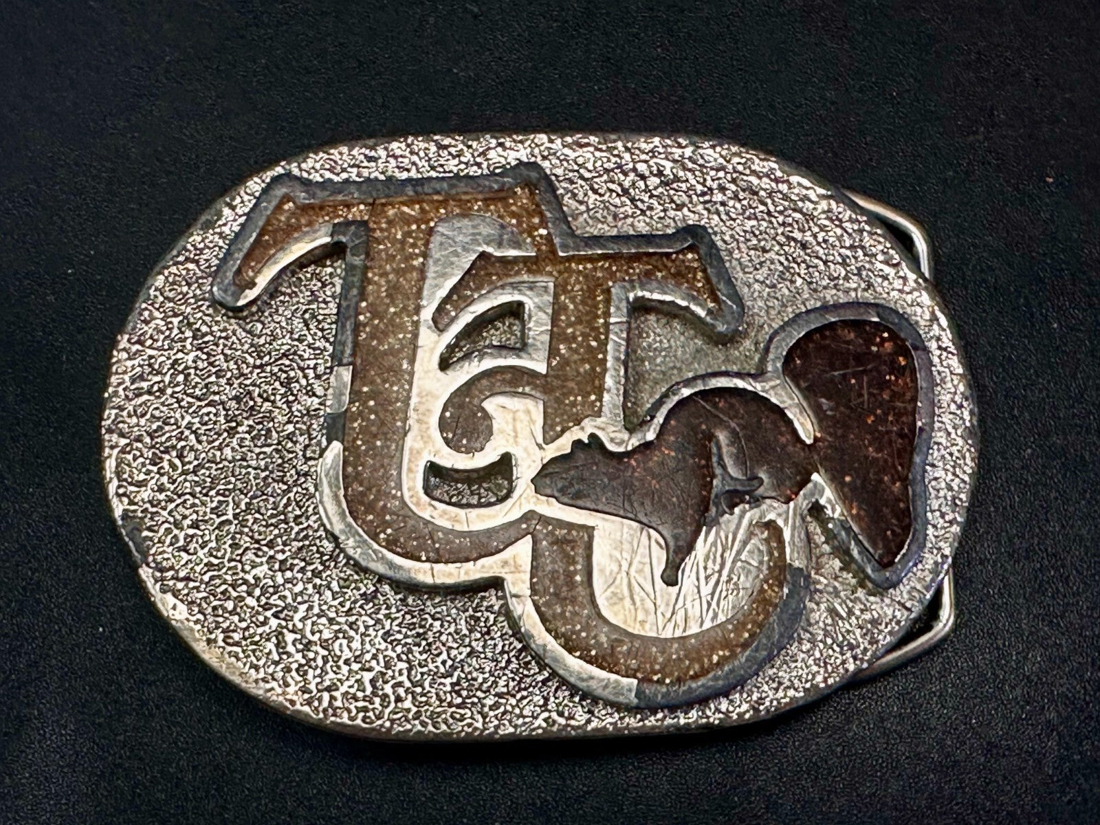 80'S  Tt Squirrel Sparky Brown Sparkle Enameled Vintage Belt Buckle 