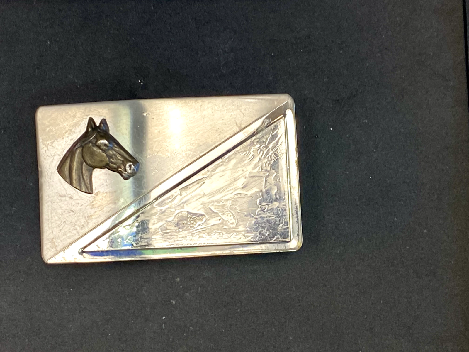 Vintage Horse Head On Nickel Silver Rectangular Belt Buckle