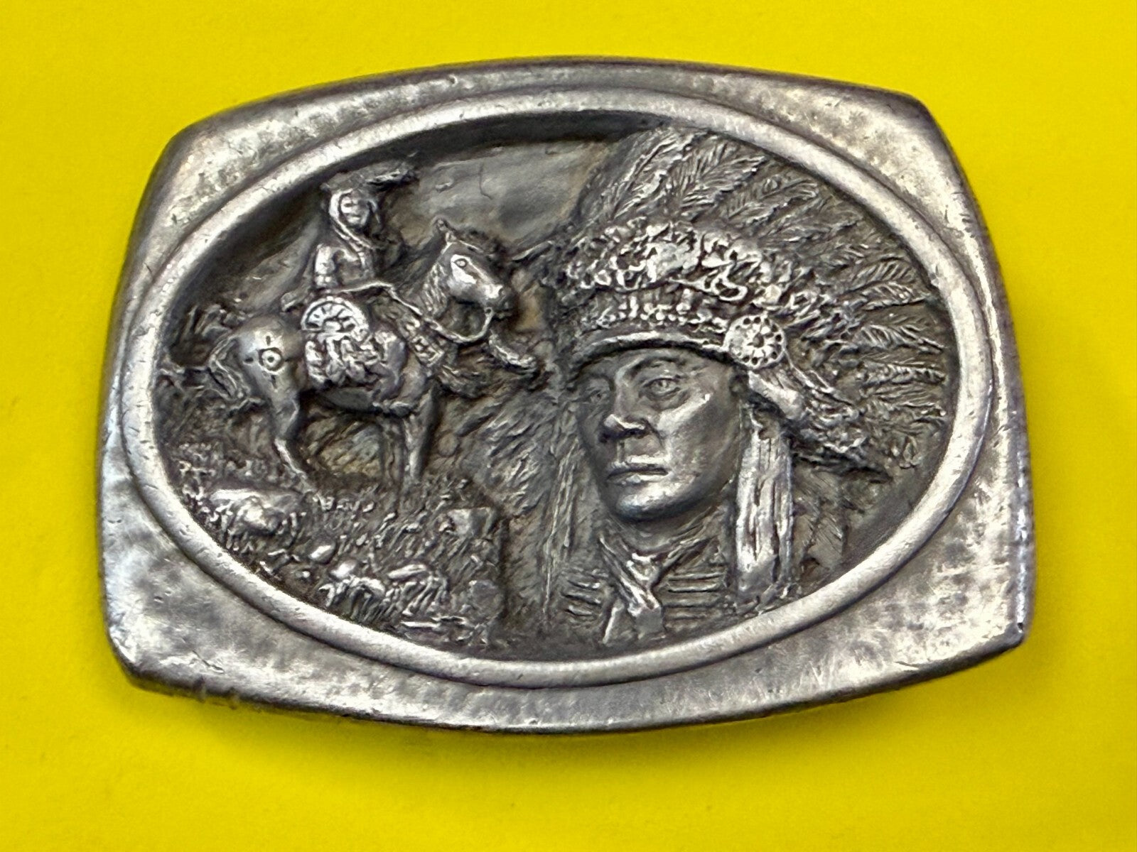 American Indian Chief Head with Headdress Silver Tone VTG 1988 C+J Belt Buckle
