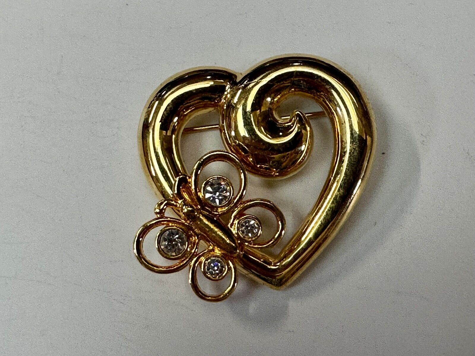 AK Anne Klein signed gold tone heart with rhinestone butterfly Brooch Pin