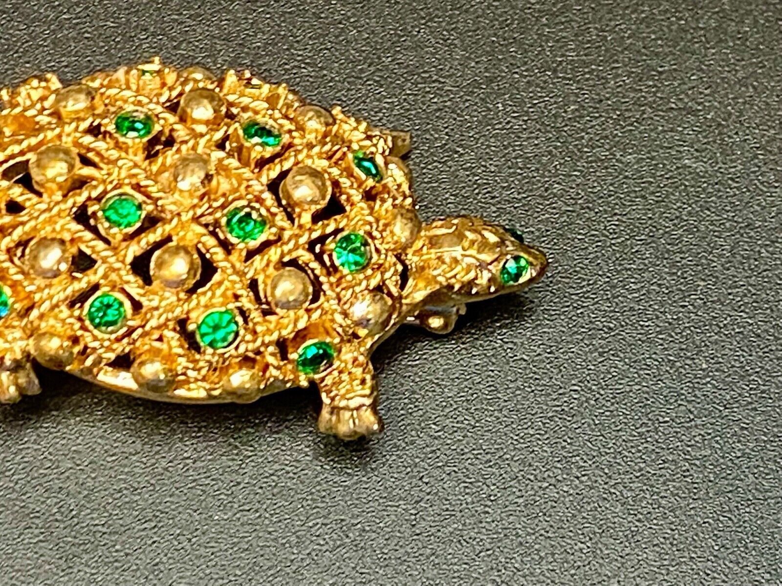 Turtle - Vintage Green Rhinestone Accented Gold Tone Brooch Pin by Allison Reed