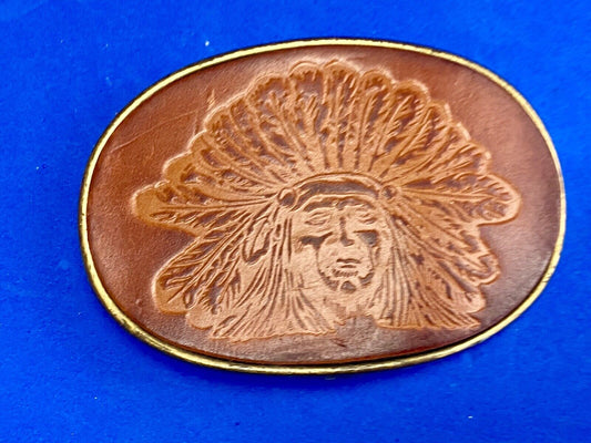 Beautiful Native American Indian Headdress bust on leather belt buckle 