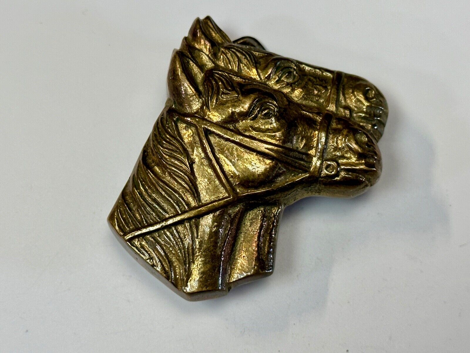 Two Horse Heads vintage solid brass cut out belt buckle - Taiwan Amazing Detail!