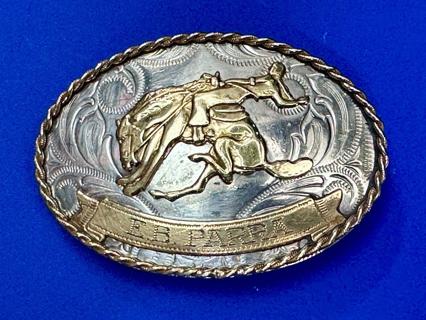 Vintage German Silver Bucking Saddle Bronc Western Cowboy Engraved belt buckle
