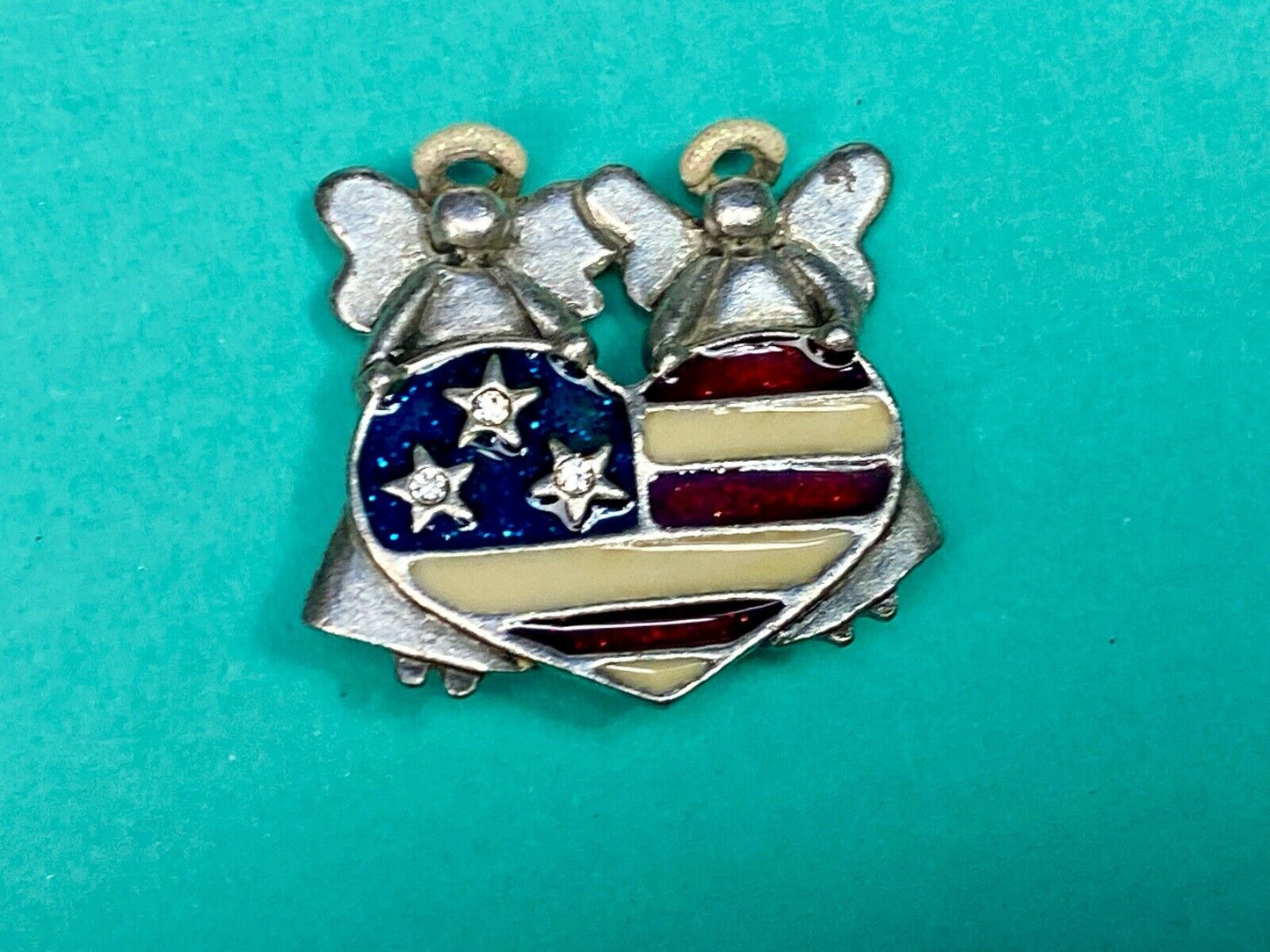 Angels Holding American Flag Heart Vintage Brooch Pin Signed By Ajmc