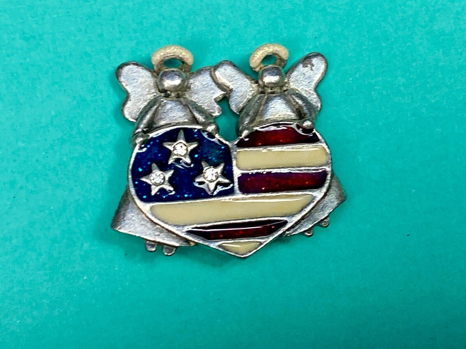 Angels Holding American Flag Heart Vintage Brooch Pin Signed By Ajmc