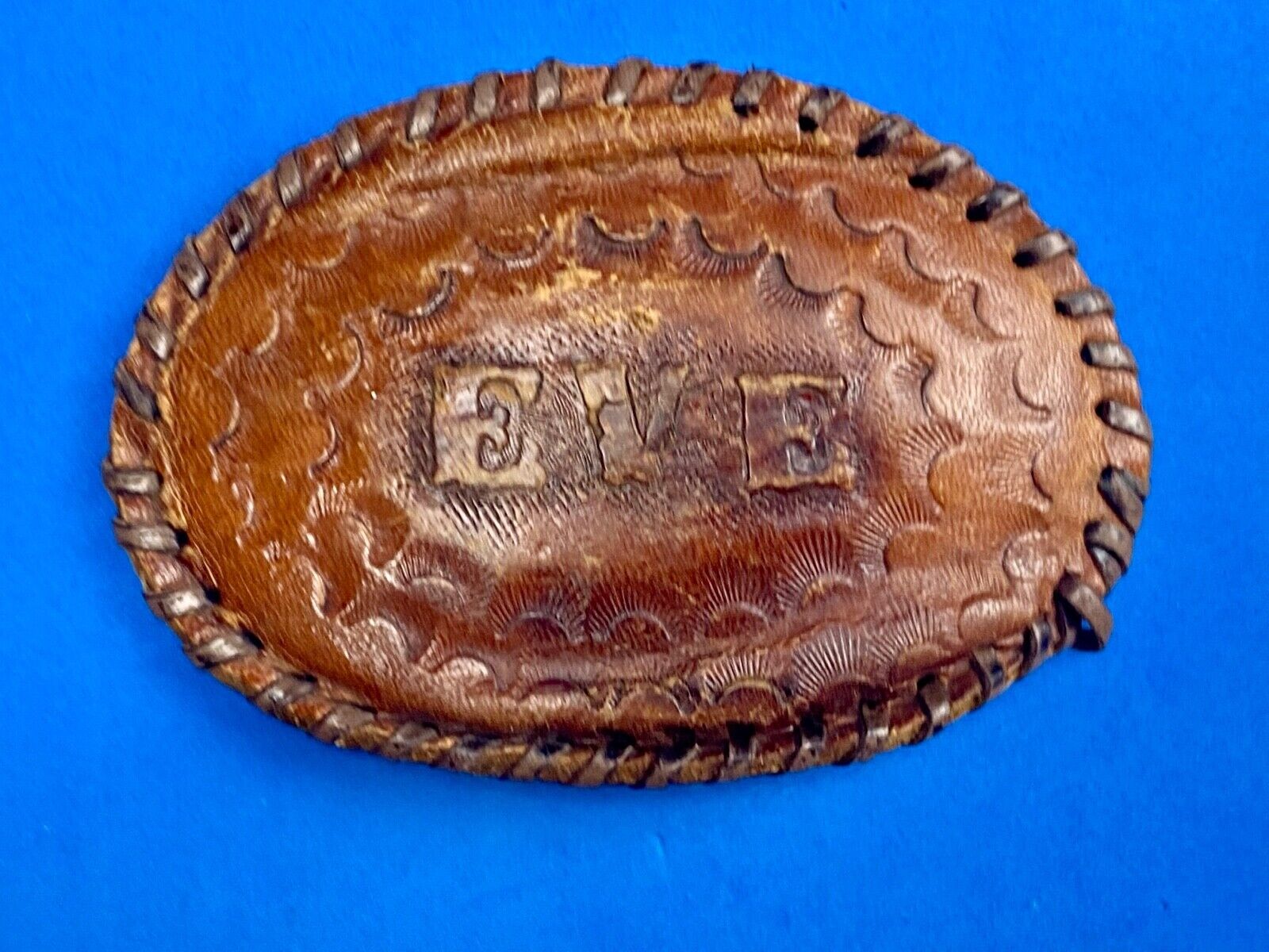 Vintage Leather stitched artisan? Name EVE personalized western belt buckle 