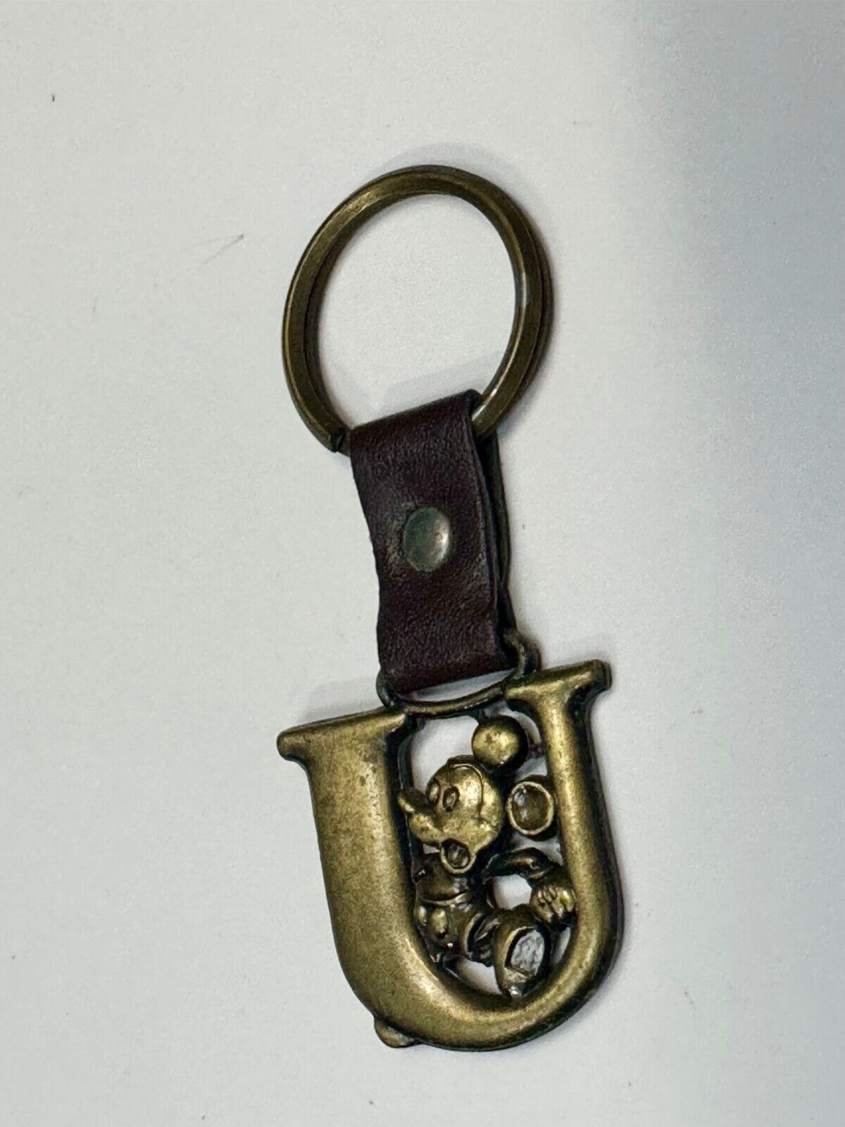 VINTAGE LETTER INITIAL U MICKEY MOUSE DISNEY KEYCHAIN BRASS and LEATHER FOB