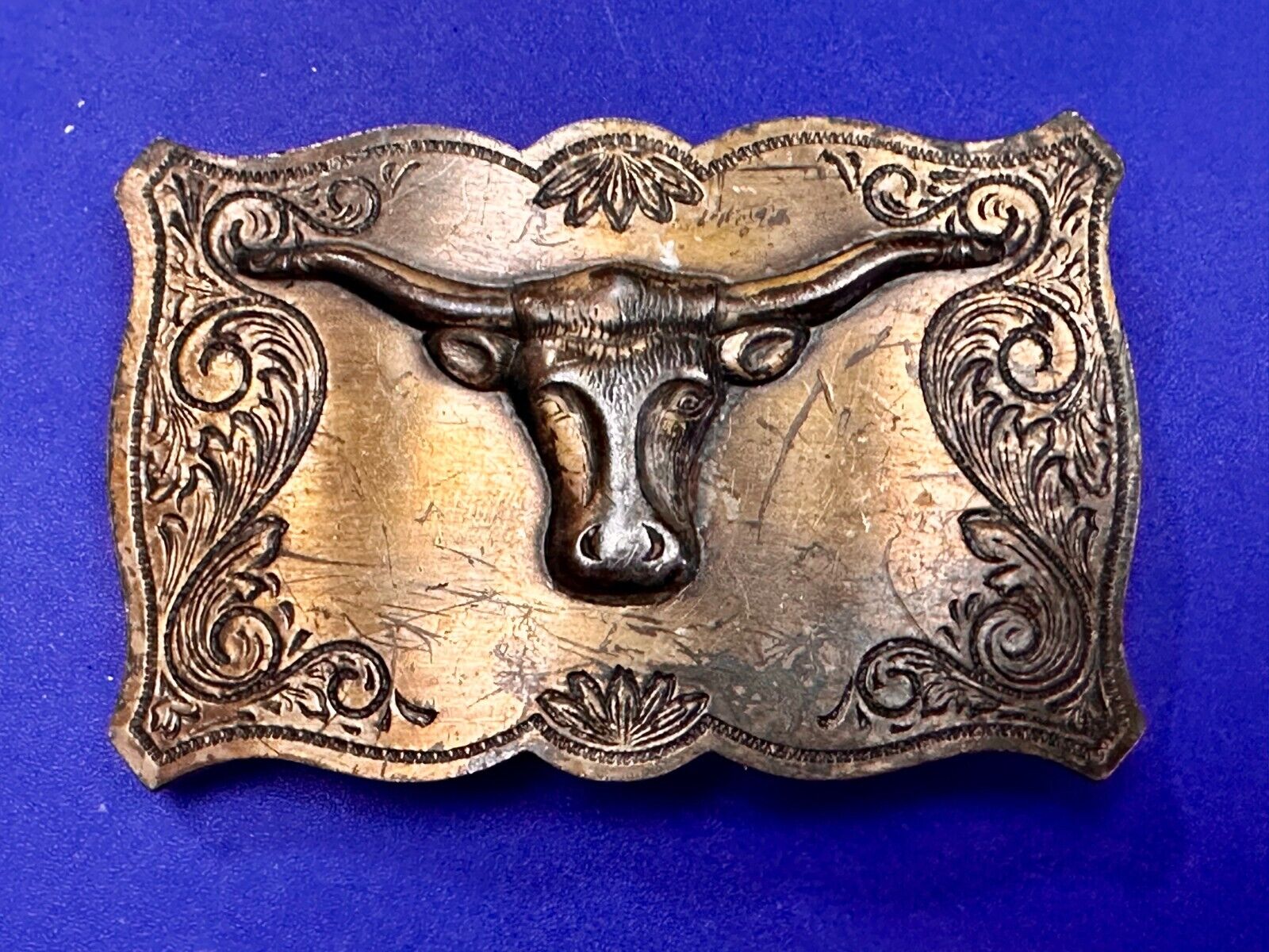 Texas Longhorn Steer Bull Cow Ornate Raised Dimensional Stamped Belt Buckle