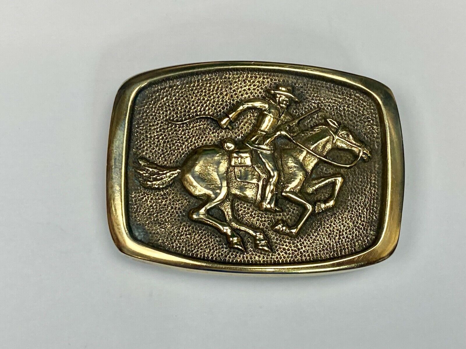 Vintage 1978 Horseback Rider Cowboy Bank Robber Solid Brass Belt Buckle By BTS