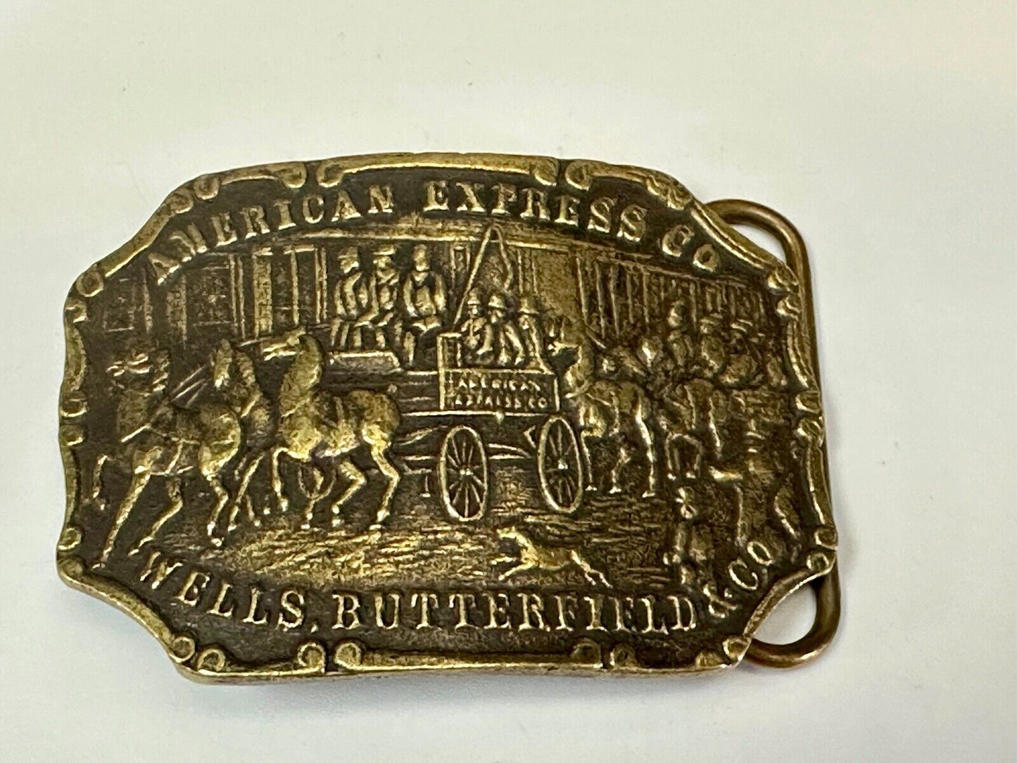 American Express Wells Butterfield stagecoach belt buckle - see back!