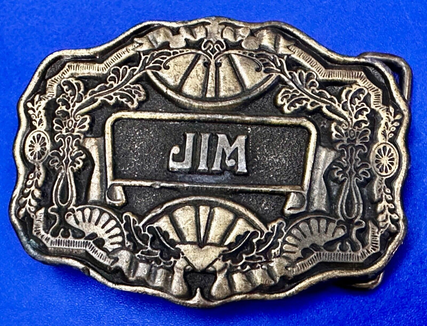 1970s  JIM Name - Custom Brass Tone Metal Oden USA Personalized Belt Buckle