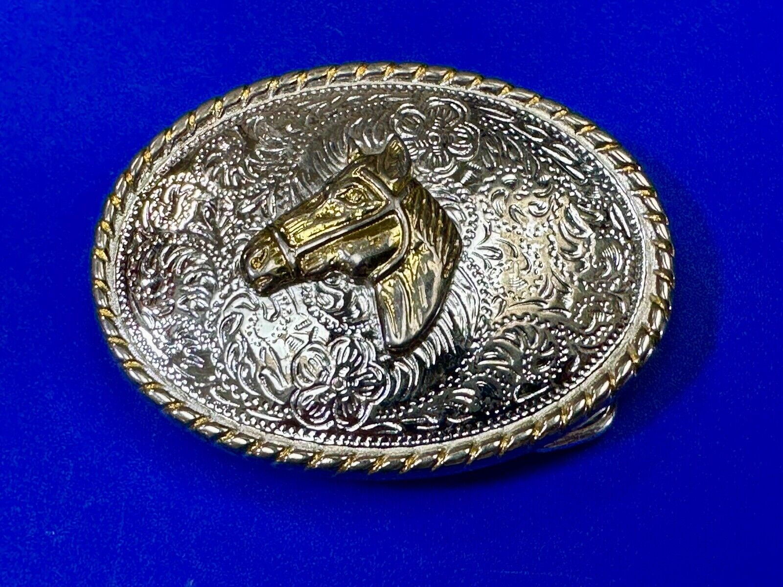Vintage Horse Head  Two tone oval western 2.75" wide belt buckle by Ivan