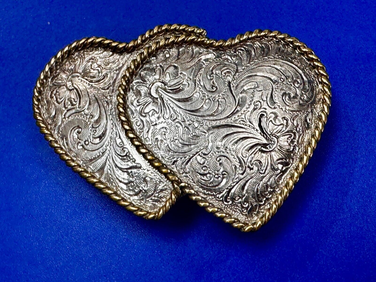 Two Deal Hearts - Vintage Award Design Medals Two Tone Western Belt Buckle