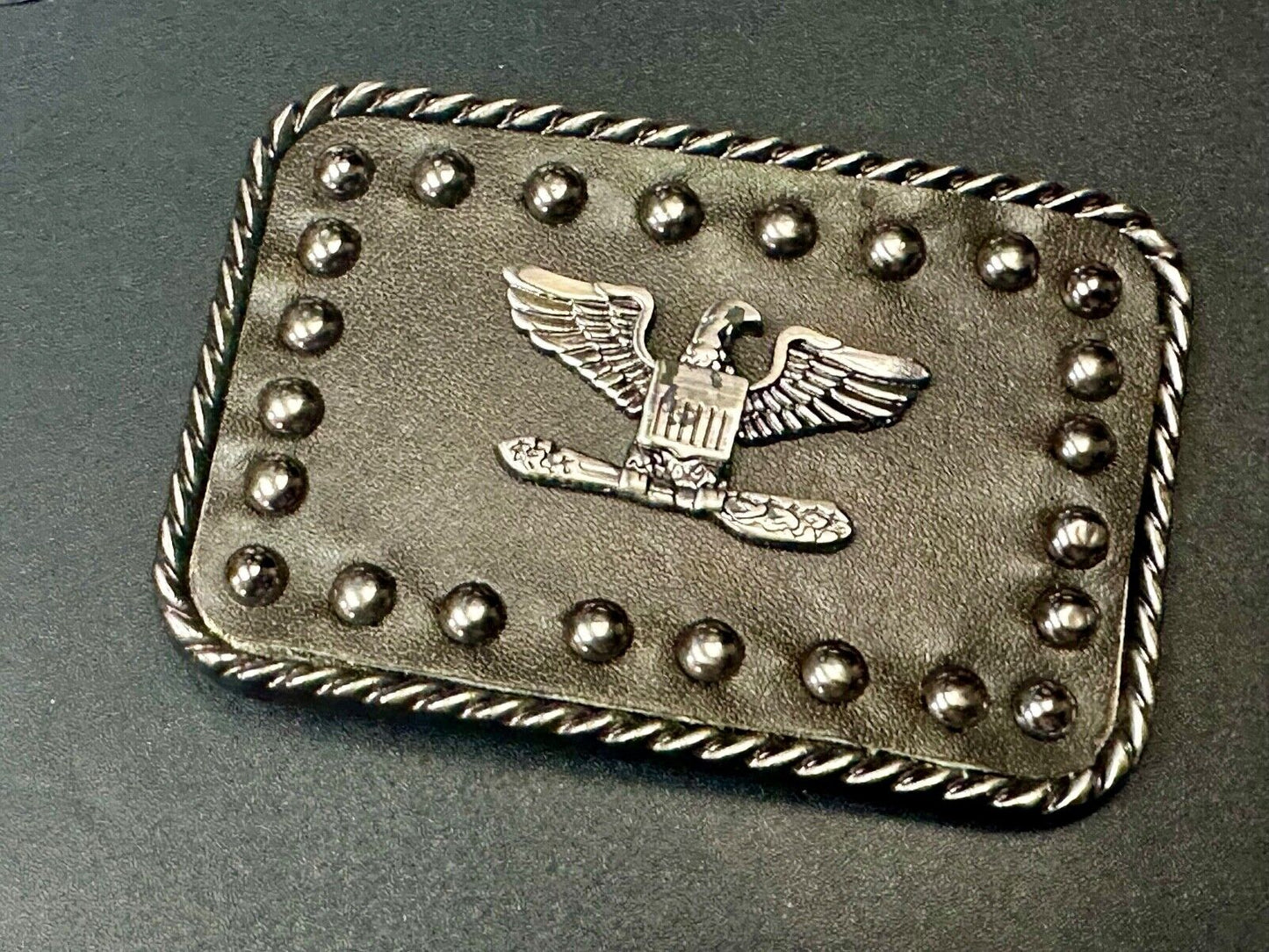 American Eagle - biker style studded black leather background belt buckle