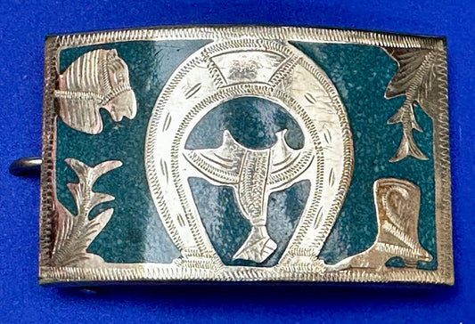 Turquoise Inlaid  Western Horse Cowboy Horseshoe Belt Buckle Stamped Alpaca