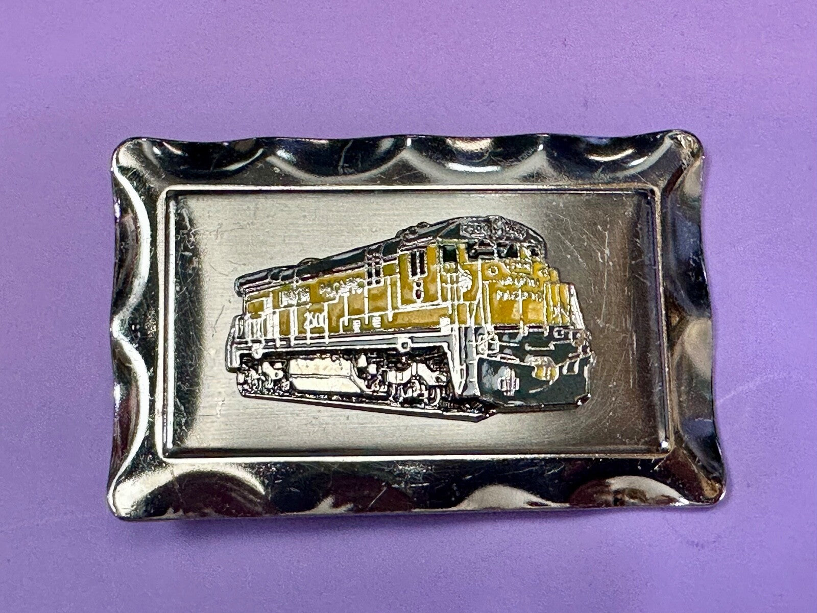 Union Pacific Yellow Train Rail Road Steam Engine Silver Tone Vtg. Belt Buckle