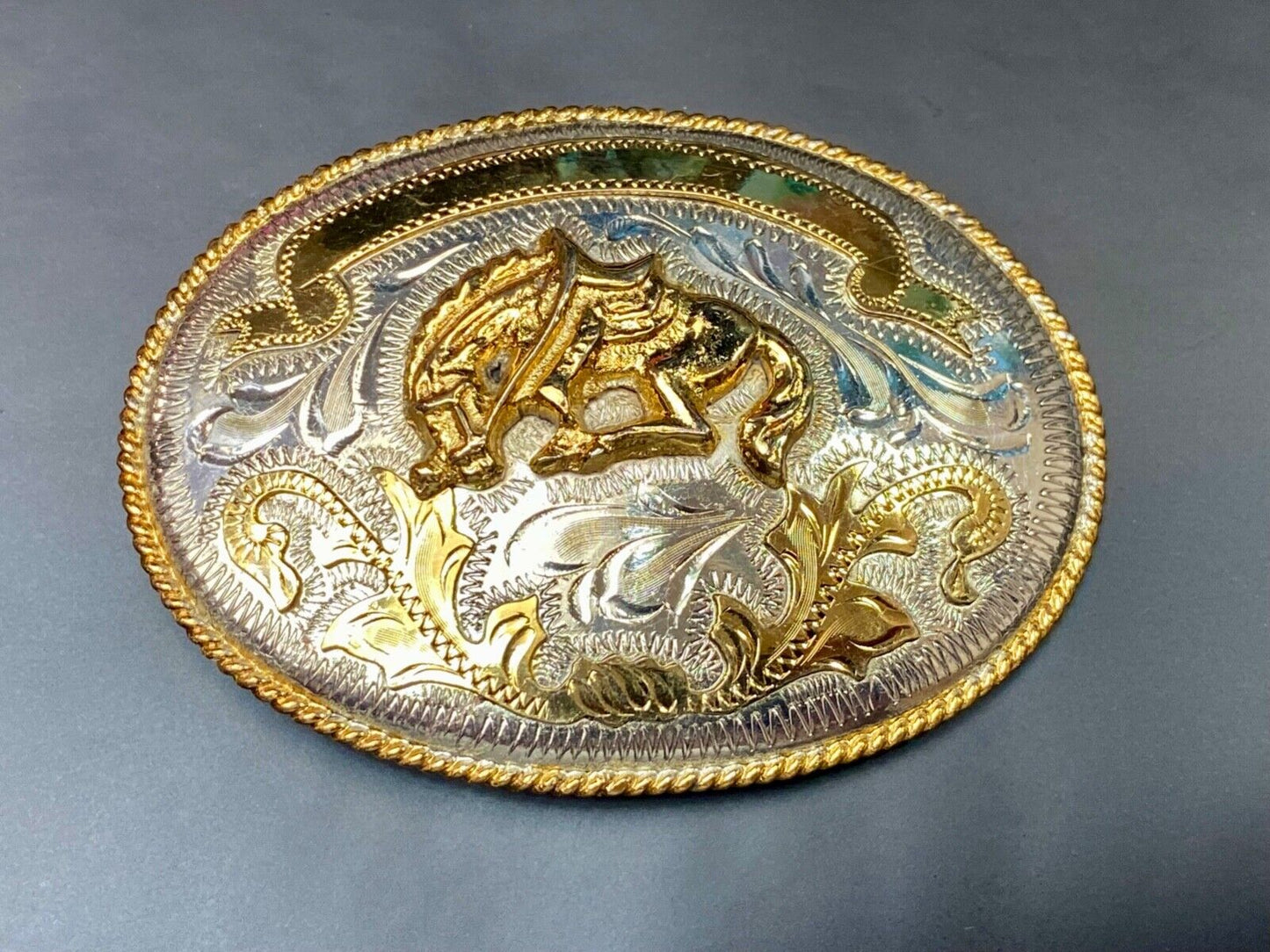 Vintage Horse w/ award ribbon scroll Alpaca Mexico Stamped western belt buckle
