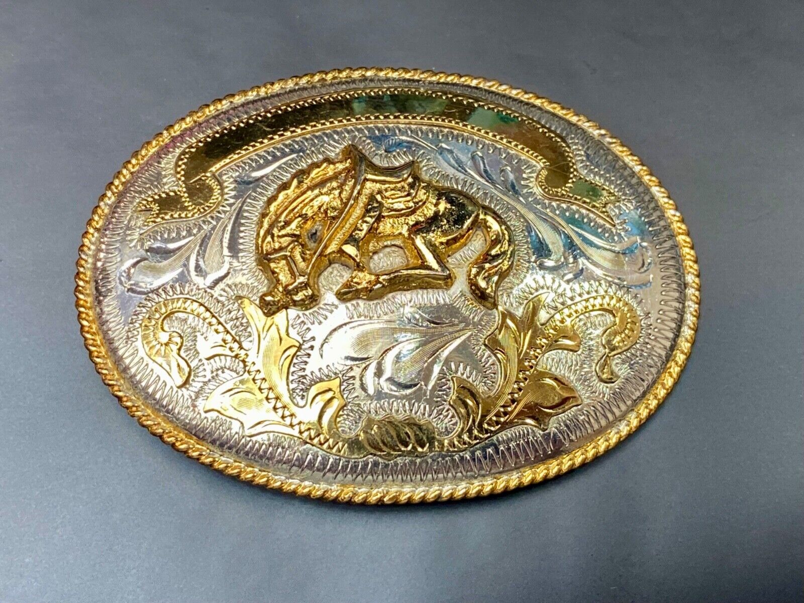 Vintage Horse w/ award ribbon scroll Alpaca Mexico Stamped western belt buckle