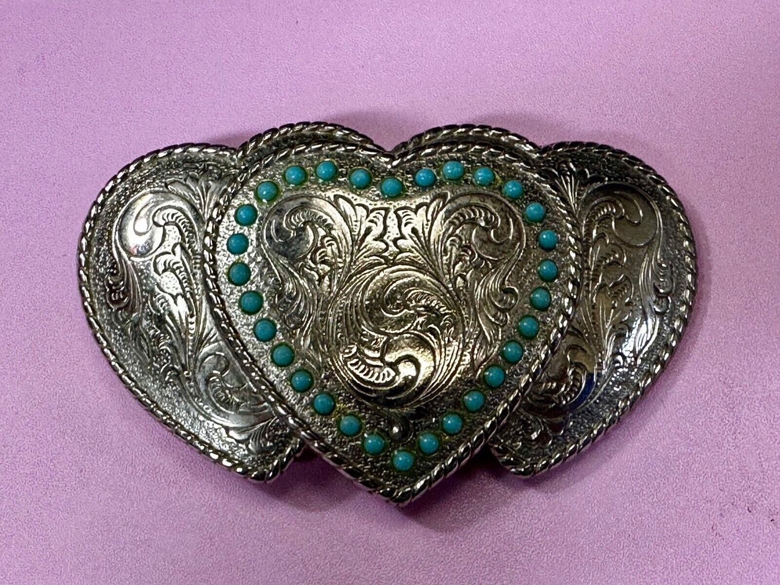 Triple 3 Hearts - Turquoise Colored Accented Or Outlined Three Heart Belt Buckle