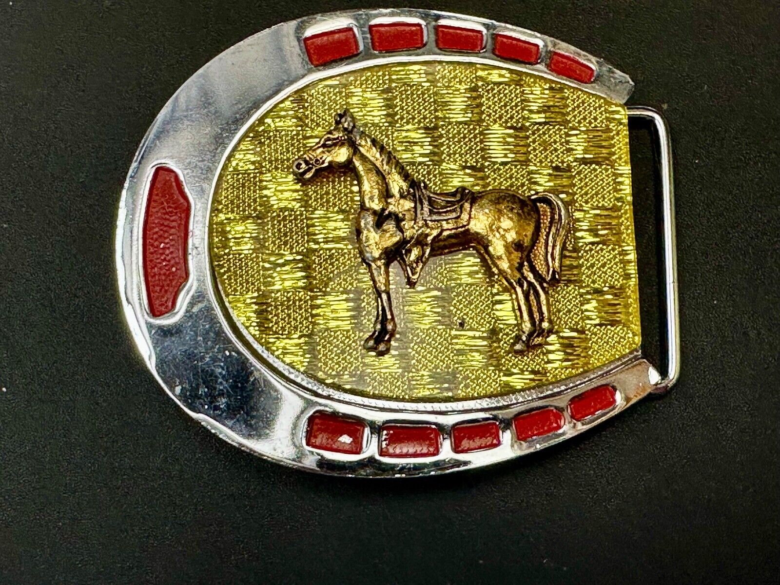 Artisan Resin covered Horseshoe shaped Belt Buckle with gold tone standing horse