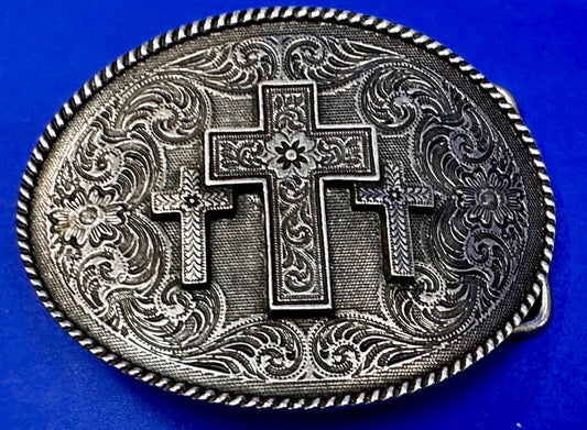 Three Cross Religious Faith Christian Flower Swirl Western Belt Buckle by Taylor