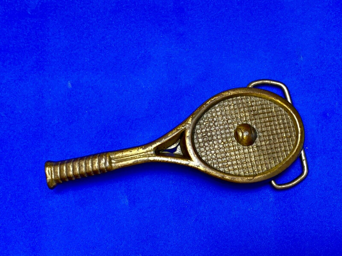 Unique Figural Tennis Racket and ball Sports Game brass tone belt buckle