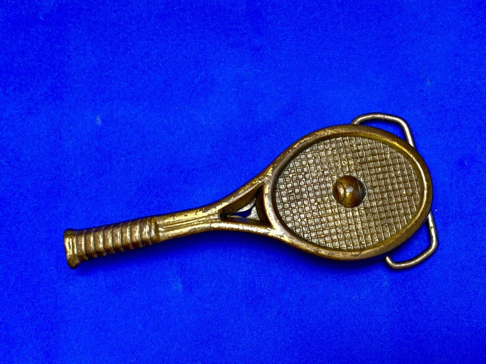 Unique Figural Tennis Racket and ball Sports Game brass tone belt buckle