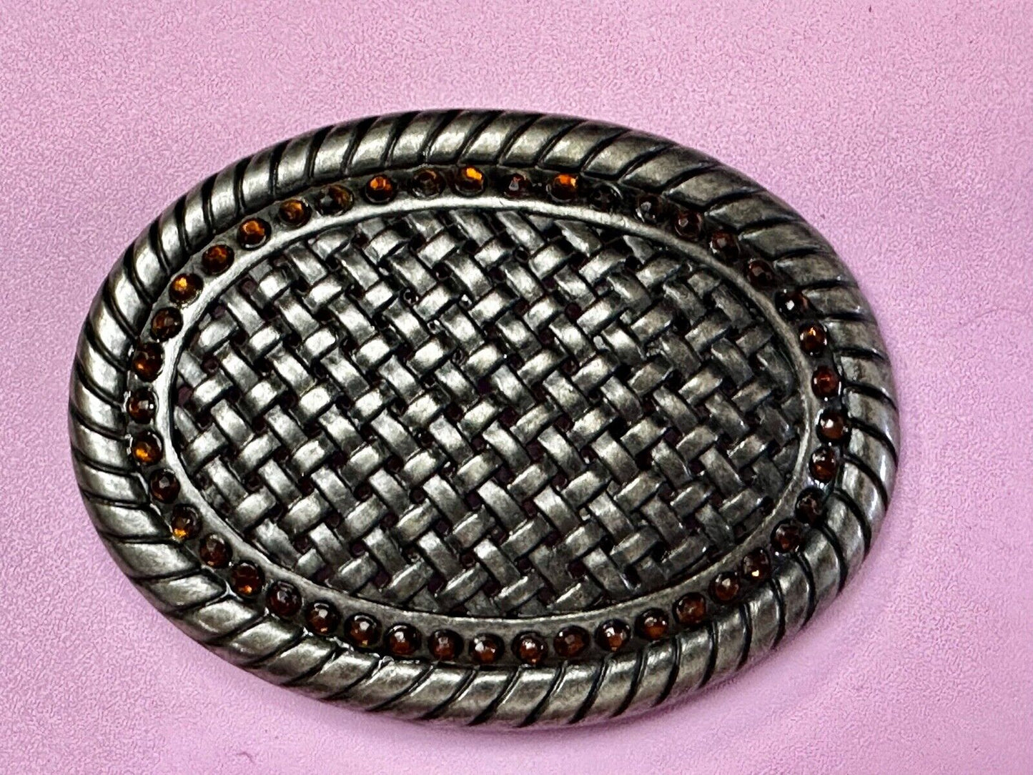 Basket Weave Design Rhinestone Border Vintage Metal Oval Belt Buckle