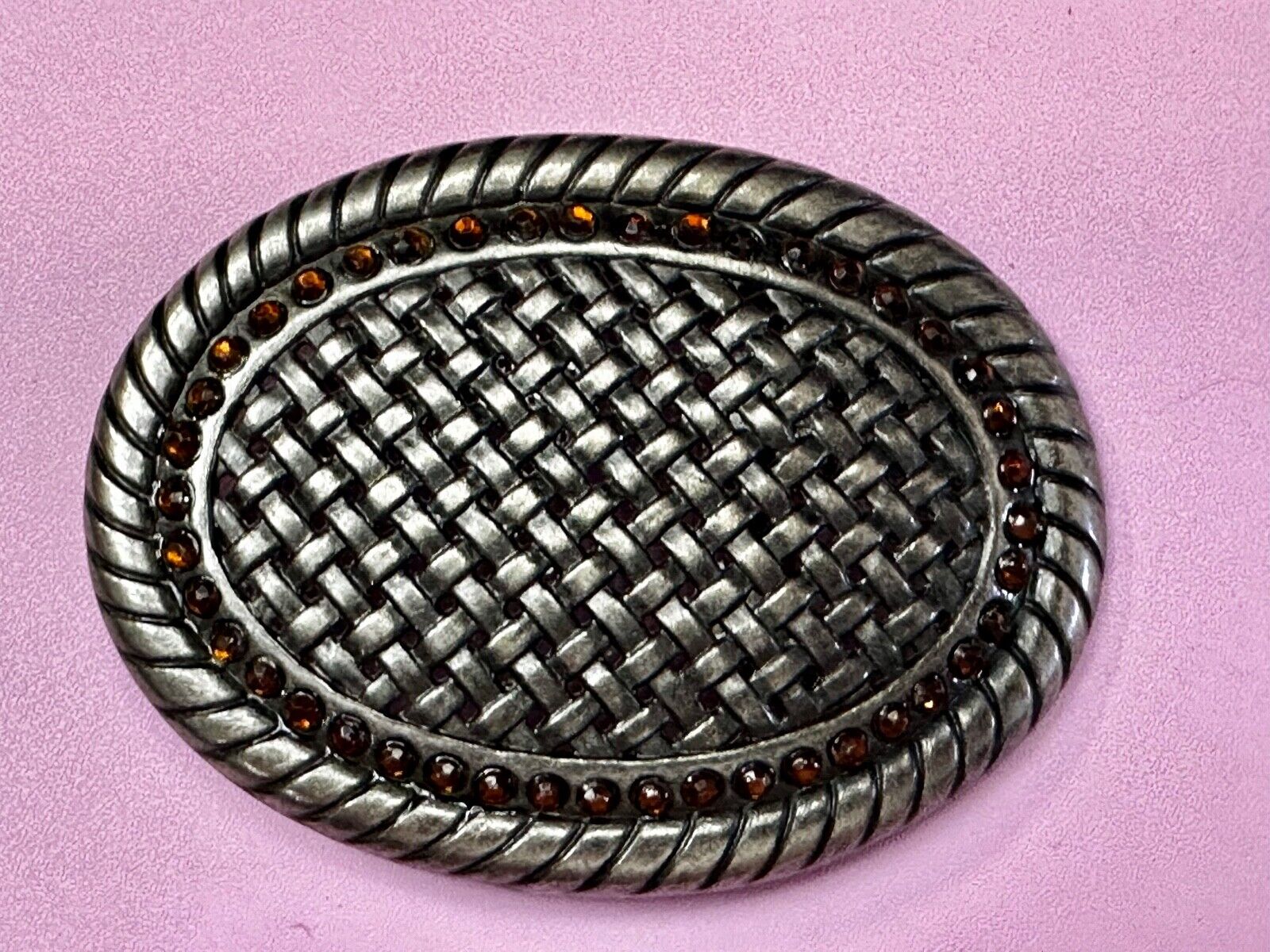 Basket Weave Design Rhinestone Border Vintage Metal Oval Belt Buckle