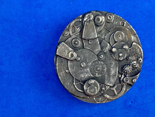 Vintage ART piece Clock gears round belt buckle - AWSOME detail!  USA seal back