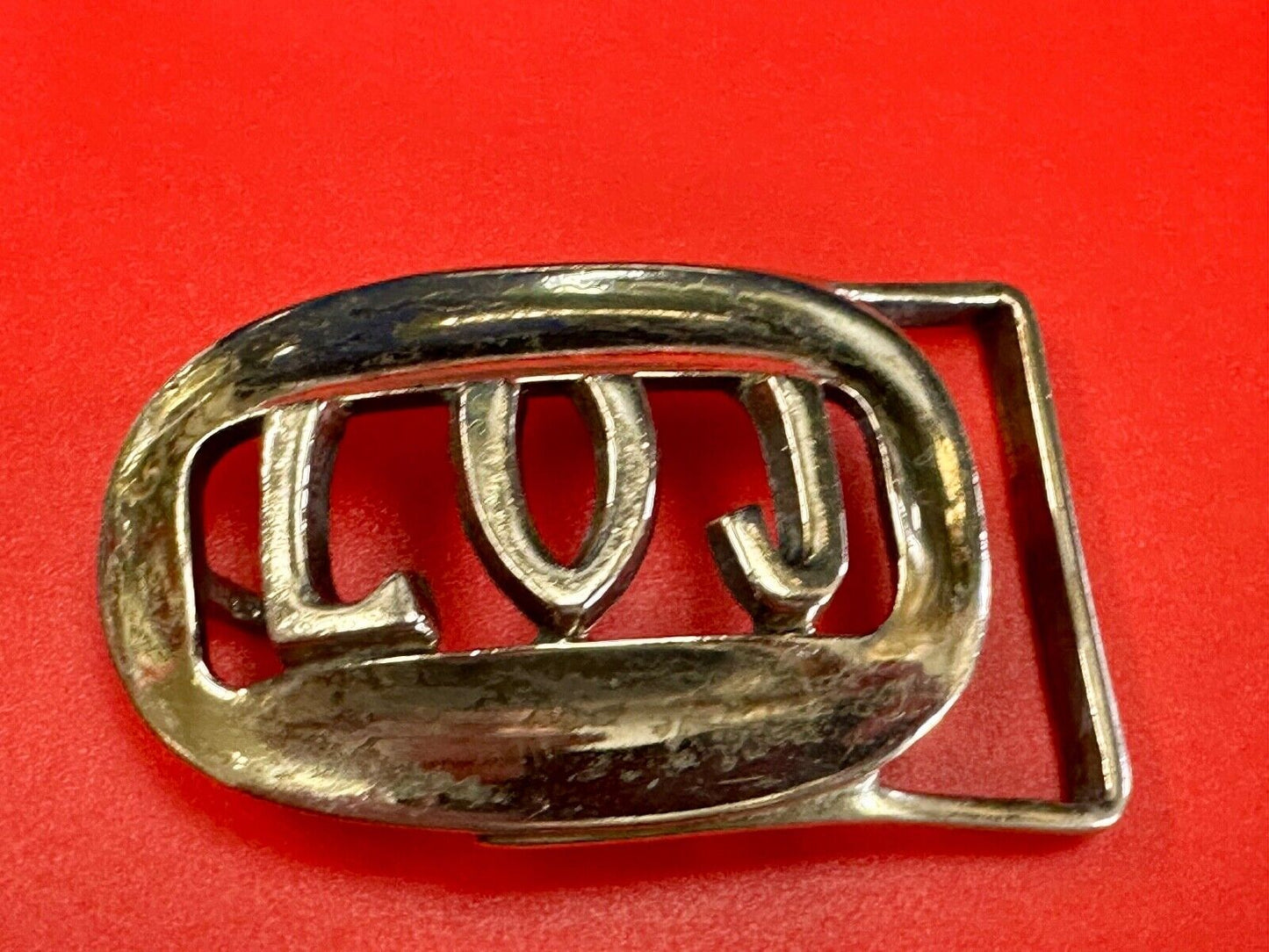 Vintage LVJ LUJ gold tone block letters cutout belt buckle