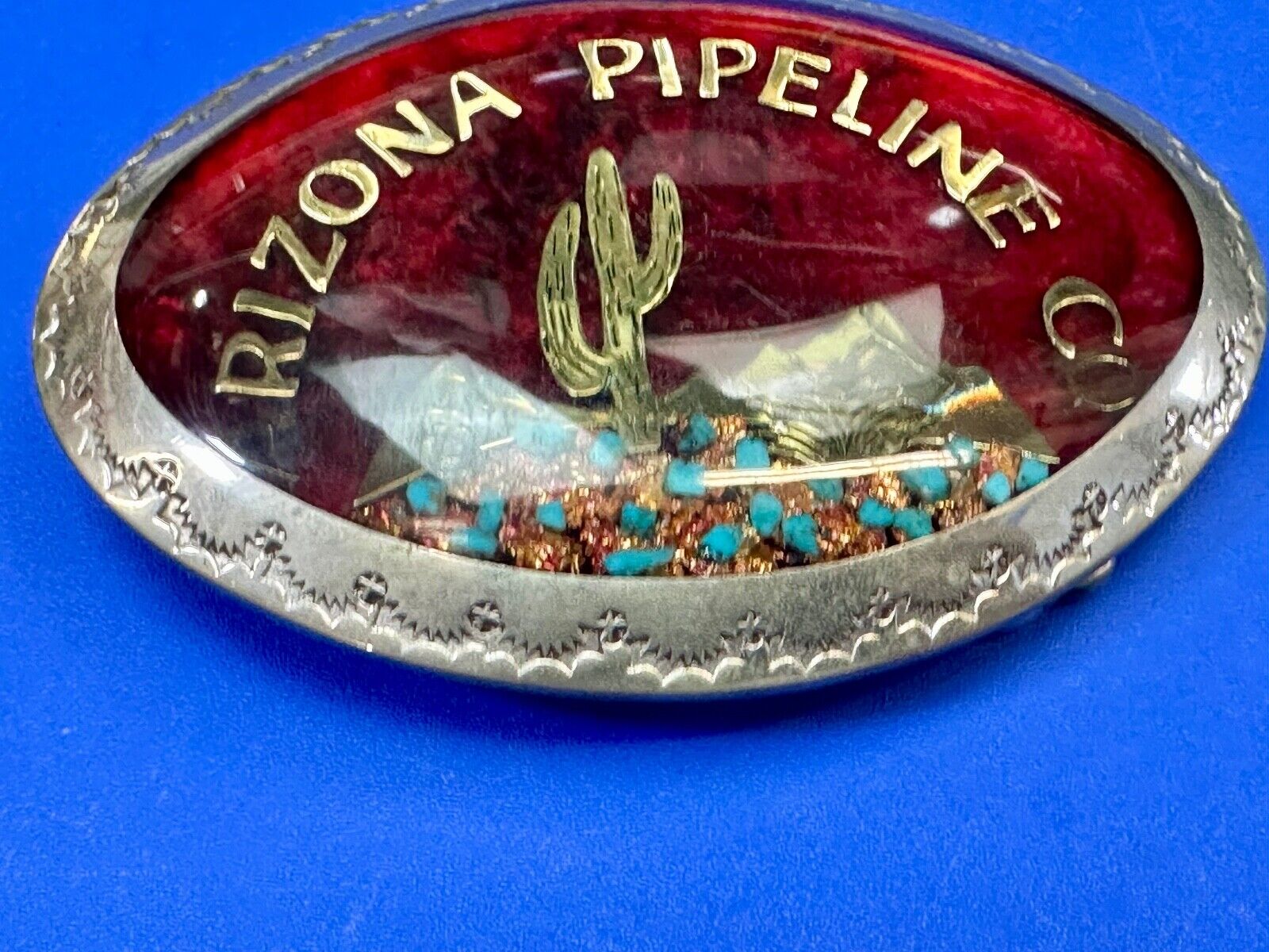 Arizona Pipeline Oil Mine inlaid turquoise Native American hallmark belt buckle