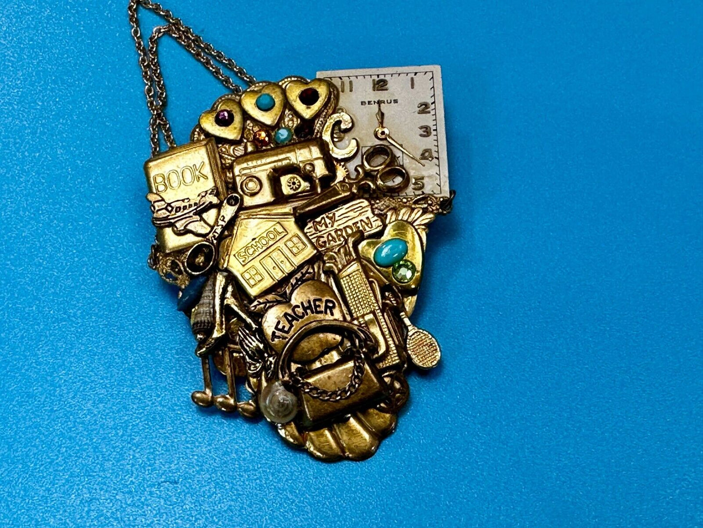 Teacher School Book My Garden Artisan Chain Charm Gold Tone Brooch Pin 2006